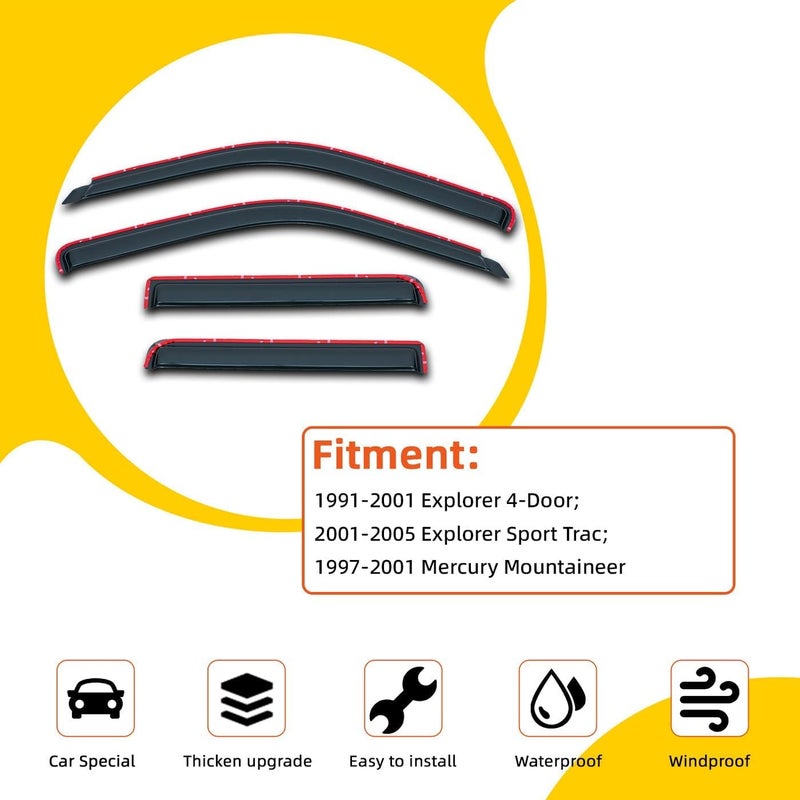 PLDDE in-Channel Rain Guards Compatible with 2001-2005 Sport Trac 1997-2001 Mercury Mountaineer 1991-2001 Explorer Side Window Visor Wind Deflector Vent Visors Car Accessories Tape-On 4pcs - Image 2